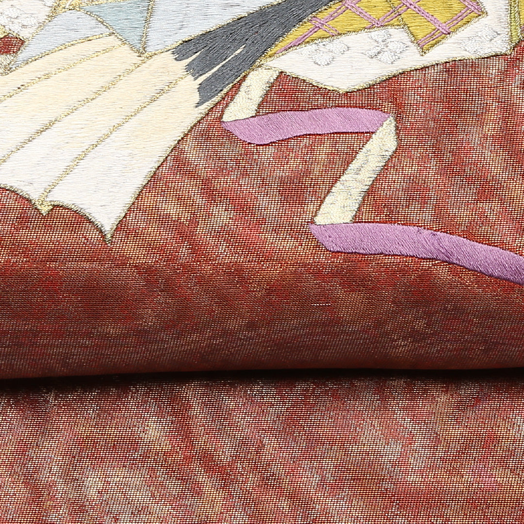 九寸名古屋帯 帯丈393cm 正絹 ポイント柄 名古屋仕立て 織り セミフォーマル 螺鈿 刺繍 大和美人文 扇 朱系 M4 1245-01445