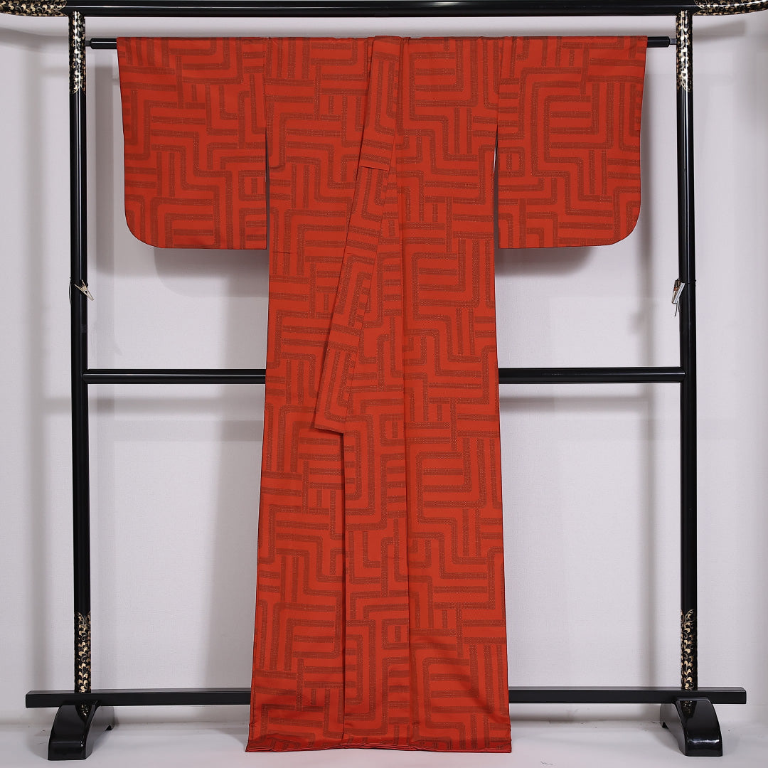 アンサンブル 紬 袷 身丈168.5cm 裄65.5cm 正絹 紐あり 幾何学 真綿紬 朱系 Sランク 1216-01445