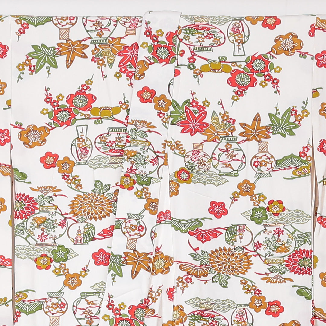 小紋 袷 身丈154cm 裄丈62cm 正絹 Bランク Sサイズ バチ衿 インフォーマル 紅型 花柄 白系 1215-01856