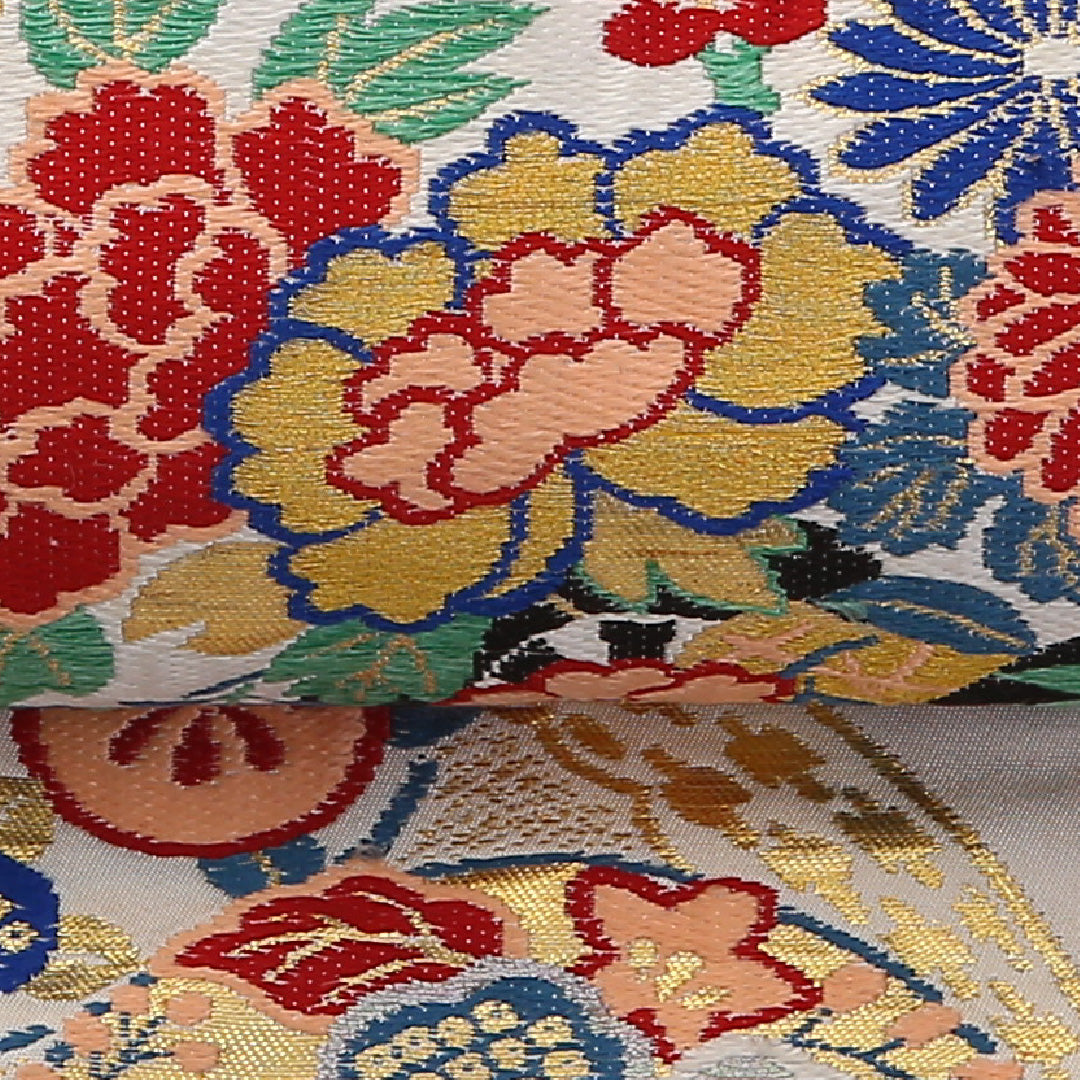 アンティーク 名古屋帯 六通 帯丈325cm Aランク 正絹 吉祥文様 扇 白系 1224-02378