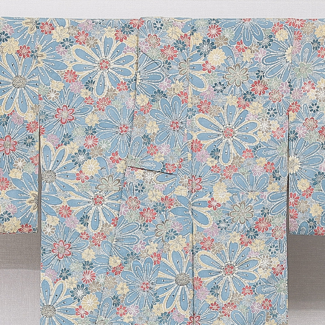 小紋 袷 身丈162cm 裄丈63cm 正絹 Aランク インフォーマル 広衿 Lサイズ 菊 水色系 HP 1221-15622