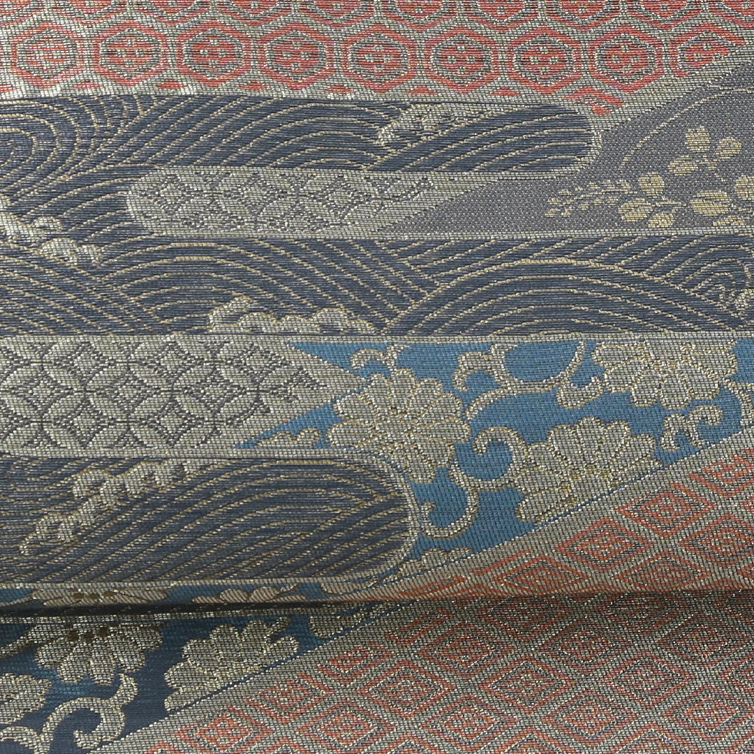 袋帯 帯丈424cm 正絹 六通 帯芯なし フォーマル 松皮菱 吉祥文様 青系 1243-02242