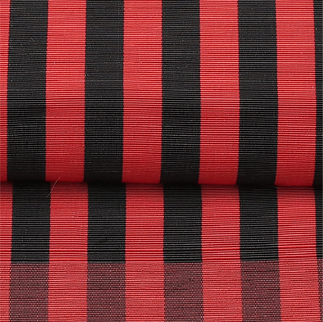 名古屋帯 帯丈388cm 全通 開き仕立て Cランク カジュアル 縞 モダン 黒系 正絹 赤系 1224-01174