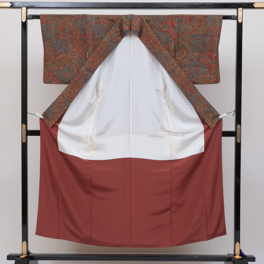 小紋 袷 身丈150cm 裄丈62cm 正絹 Sランク インフォーマル 広衿 Sサイズ 更紗 花柄 茶系 RP 1221-00171