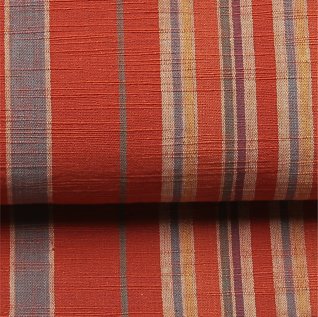 名古屋帯 帯丈352cm Cランク 開き仕立て 全通 正絹 遠州綿紬 紬 縞 カジュアル 朱系 1224-01945