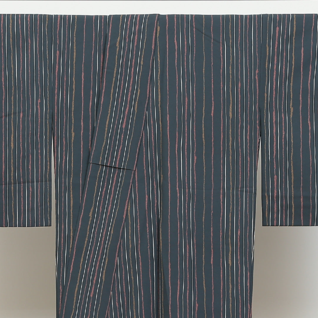 小紋 洗える着物 袷 身丈156cm 裄丈67cm ポリエステル Bランク Mサイズ 広衿 インフォーマル よろけ縞 紺系 緑系 1215-00971