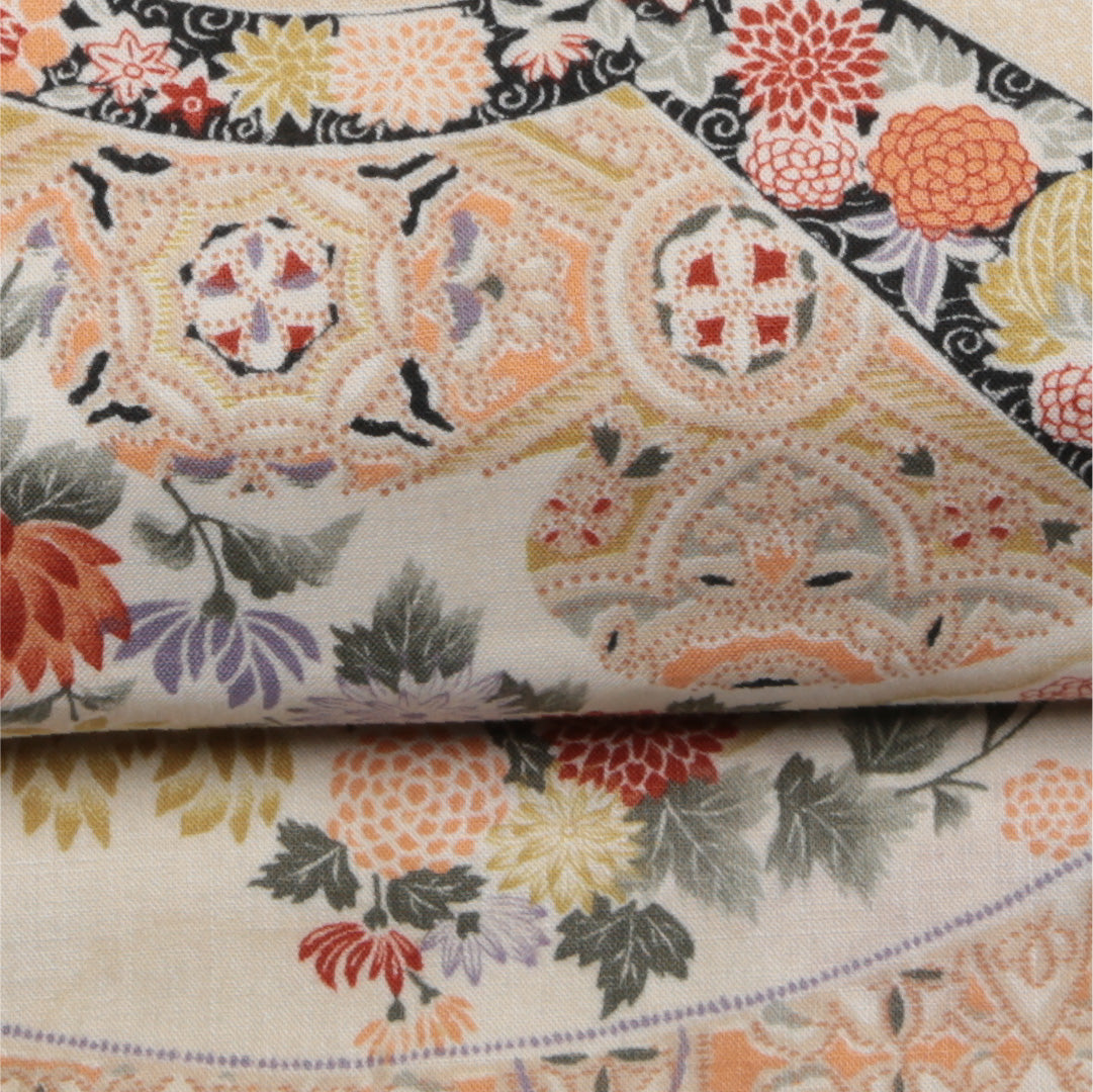 アンティーク 名古屋帯 帯丈360cm Aランク 開き仕立て 全通 木綿 檜扇 唐花 桜 リバーシブル セミフォーマル クリーム系 1224-01589