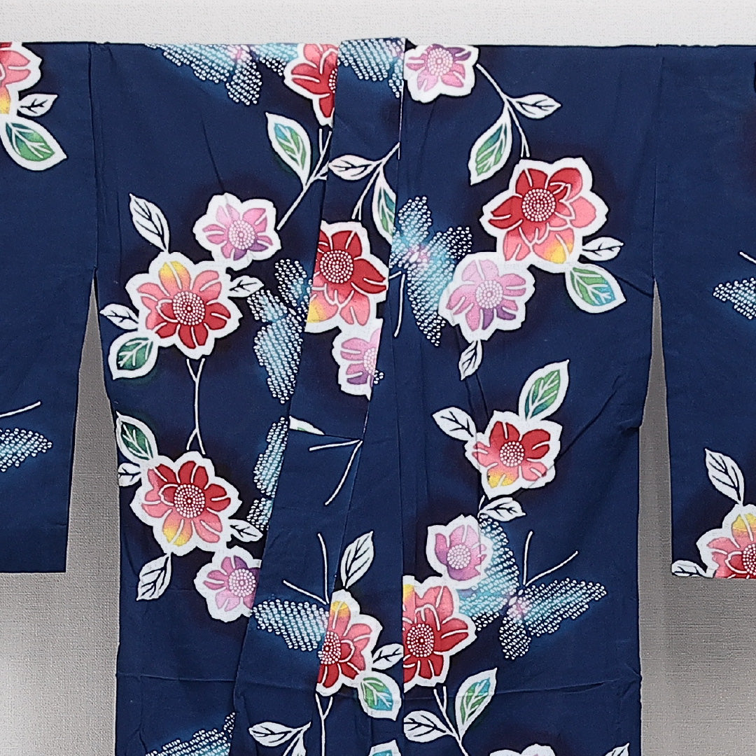 浴衣 夏物 洗える着物 身丈148cm 裄丈65cm Aランク 木綿 バチ衿 XSサイズ カジュアル 花柄 可憐 落ち着き 紺系 1218-14277
