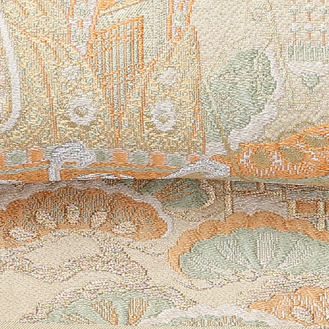 アンティーク 丸帯 帯丈408cm 正絹 全通 ふくれ織 御所車 平安絵巻 クリーム系 1242-00917