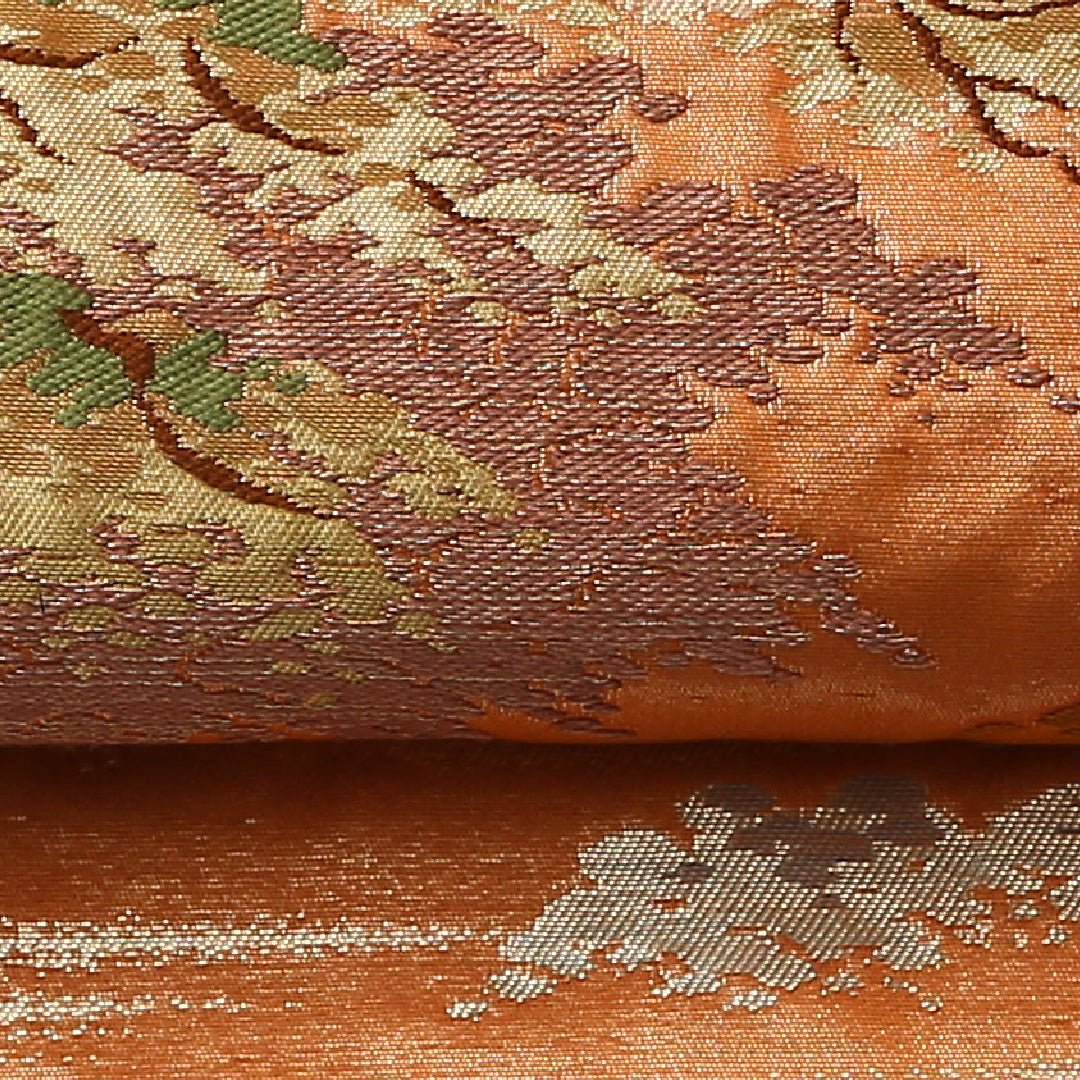 袋帯 帯丈436cm 正絹 六通 セミフォーマル 城 楼閣 松 金系 朱系 1243-01564