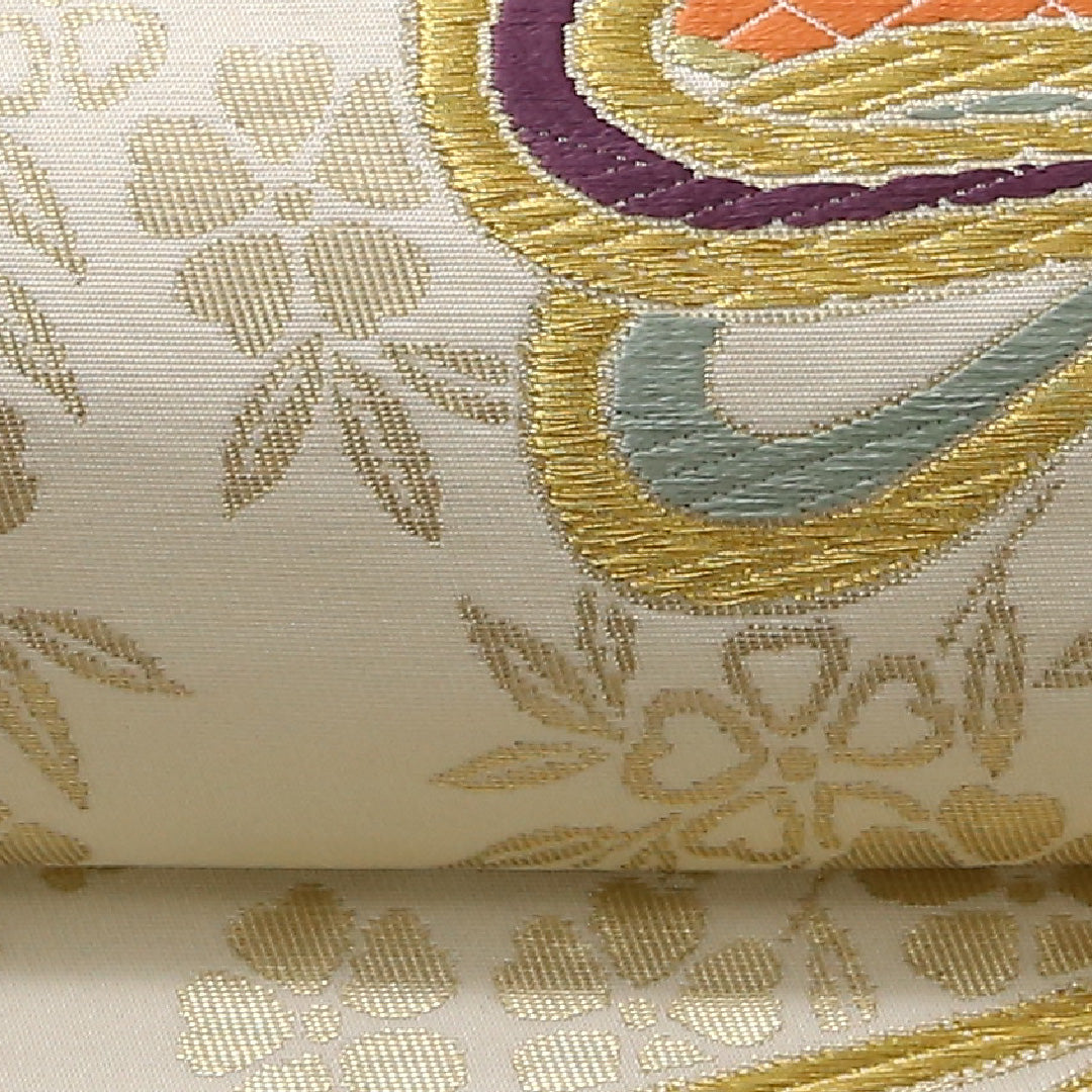 袋帯 帯丈442cm 正絹 六通 フォーマル 熨斗 組紐 クリーム系 金系 1243-01693