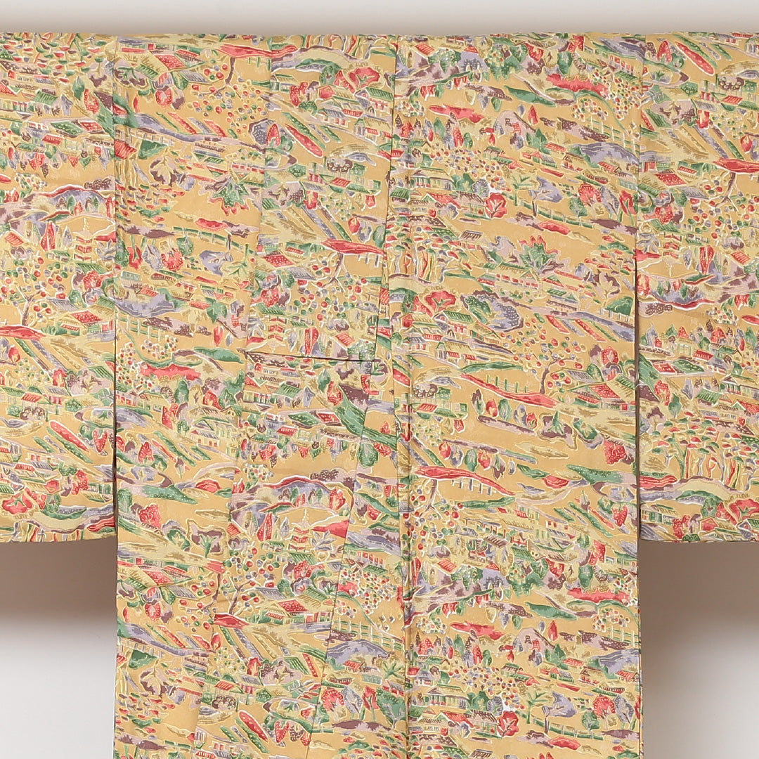 小紋 洗える着物 袷 身丈161cm 裄丈64cm ポリエステル Aランク Lサイズ 広衿 インフォーマル 茶屋辻 黄系 1215-01596