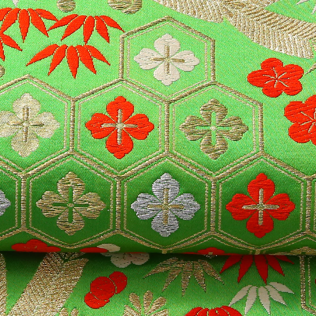 袋帯 帯丈422cm 六通 フォーマル Cランク 正絹 花菱亀甲 古典的 可愛らしい 緑系 1223-01728