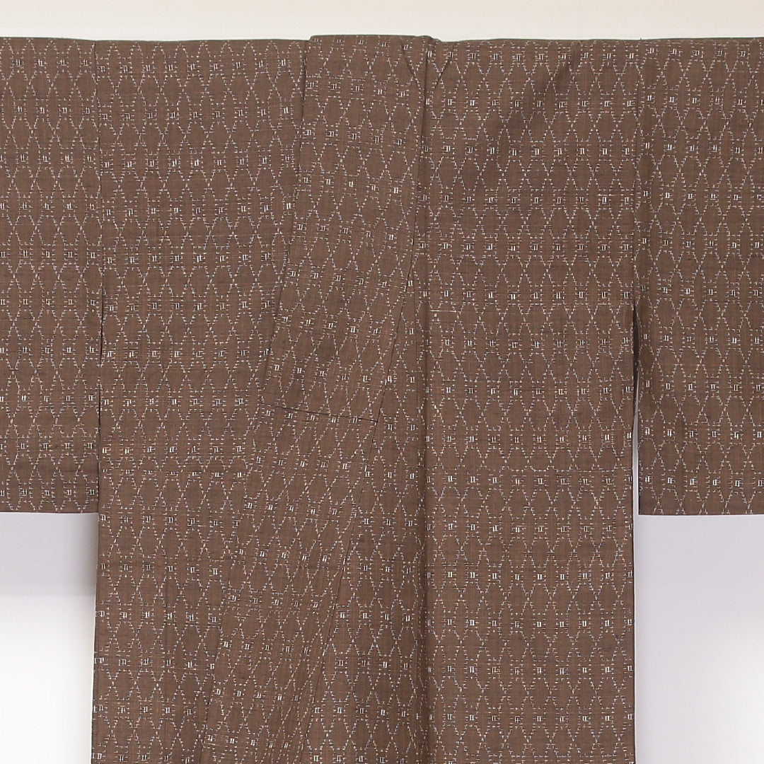 紬 単衣 身丈150cm 裄丈60cm 正絹 Aランク カジュアル 広衿 Sサイズ 居敷当て 立涌 茶系 HP 1223-03627