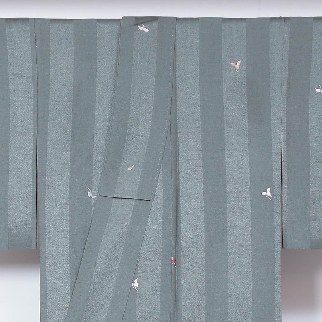 小紋 袷 身丈160cm 裄丈62cm 正絹 Sランク インフォーマル 広衿 Lサイズ 刺繍 縞 花柄 緑系 PO 1221-01813