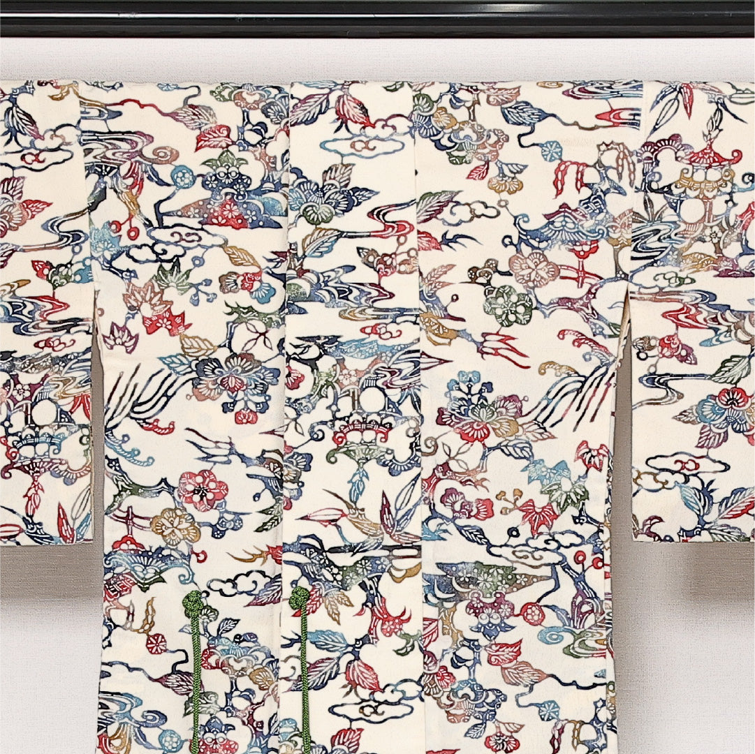 道中着 袷 身丈80cm 裄丈64cm 正絹 Cランク カジュアル Mサイズ 江戸紅型 流水 松 古典的 軽やか 白系 RP 1236-13756