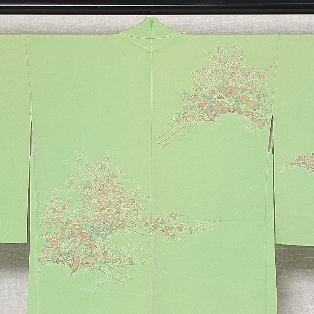 絵羽羽織 袷 身丈79cm 裄丈64cm 正絹 Aランク インフォーマル Mサイズ 紐あり 梅 緑系 HP 1234-13773