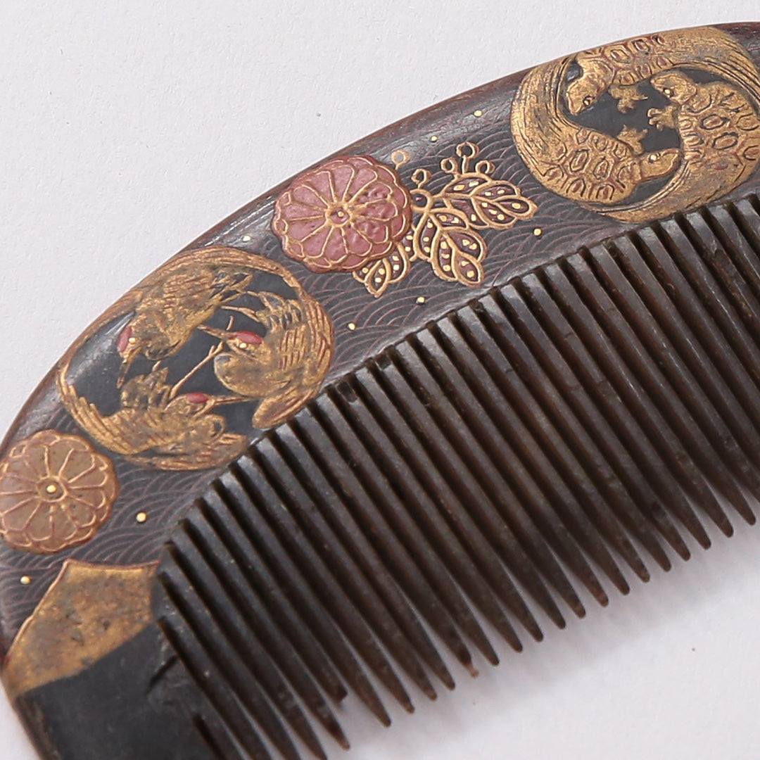アンティーク 髪飾り Cランク 櫛 蒔絵 鶴 亀 菊 木製 和装小物 茶系 1237-00944