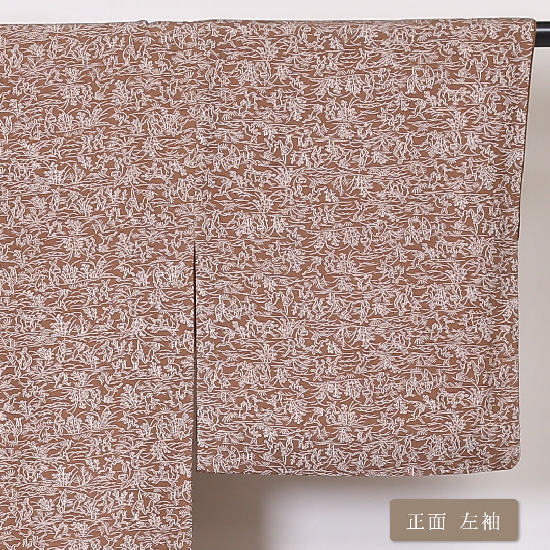 江戸小紋 袷 身丈153cm 裄丈63cm 正絹 Aランク インフォーマル 広衿 Sサイズ 鳥獣戯画 茶系 SR 1220-01959