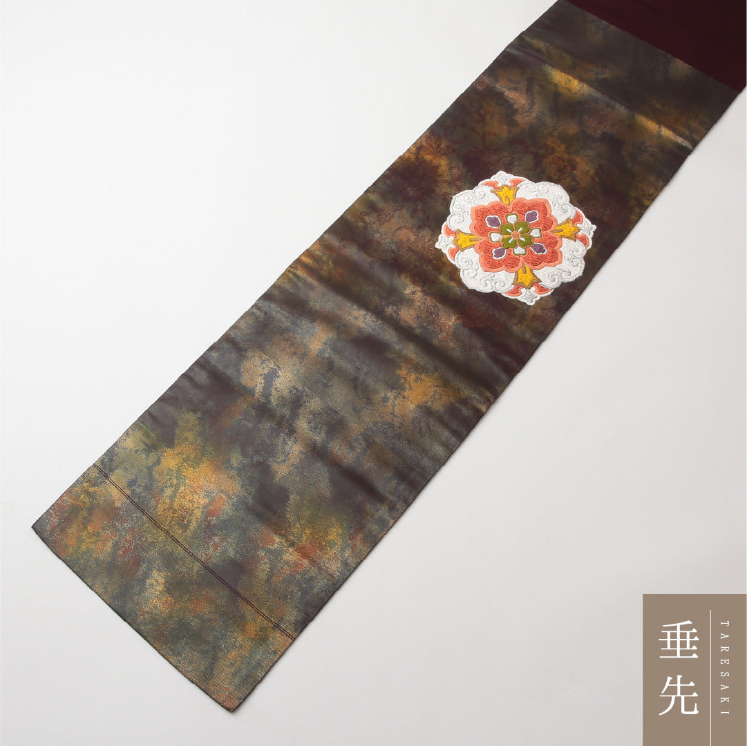 九寸名古屋帯 Sランク 帯丈364cm 正絹 ポイント柄 開き仕立て 帯端のみ未仕立て 織り セミフォーマル 宝相華 唐草華文 紫系 M4 1245-02172