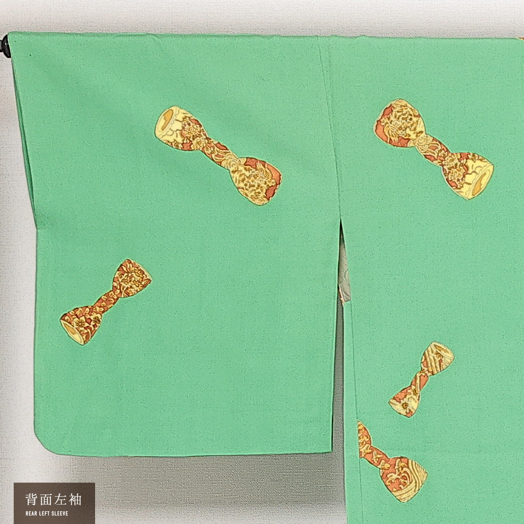 羽織 袷 身丈80cm 裄丈65cm 正絹 Cランク カジュアル Mサイズ 紐あり 梅 緑系 HP 1232-13820