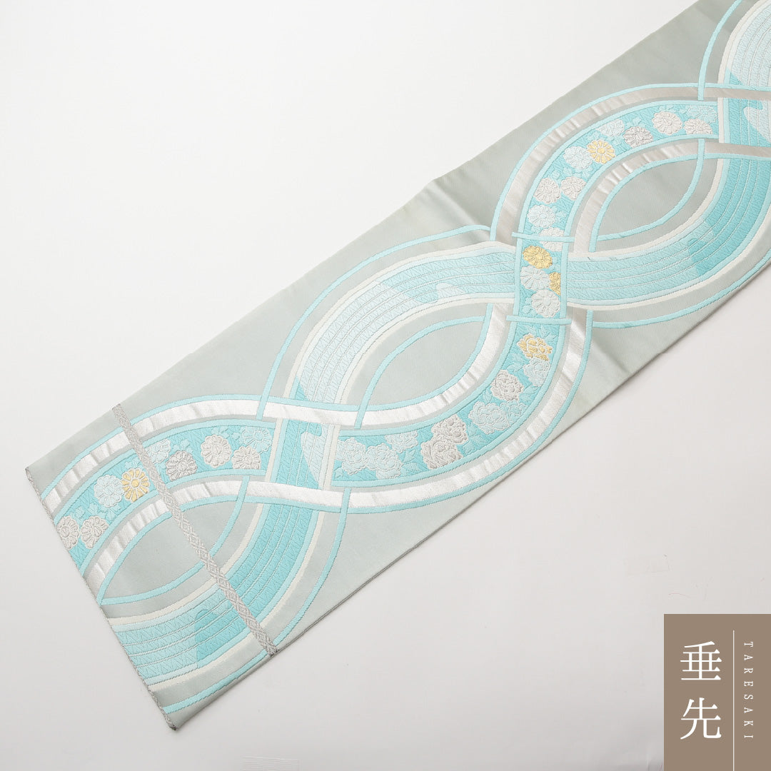 袋帯 六通 帯丈424cm 振袖帯 Aランク 正絹 菊 水色系 1223-01471