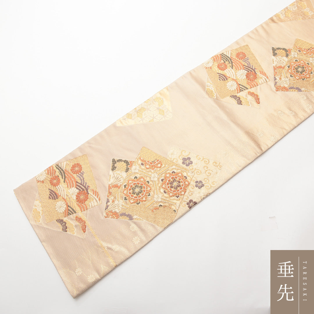 本金二重箔 袋帯 全通 帯丈422cm フォーマル Aランク 正絹 金箔 色紙 宝相華 吉祥文様 ベージュ系 1223-01470