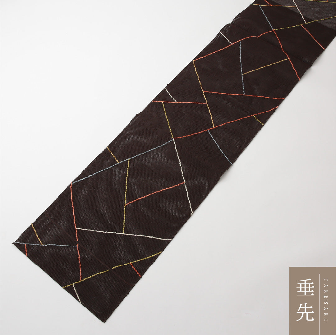 夏物 名古屋帯 六通 帯丈355cm カジュアル Sランク 正絹 紗 創作 茶系 1224-02158