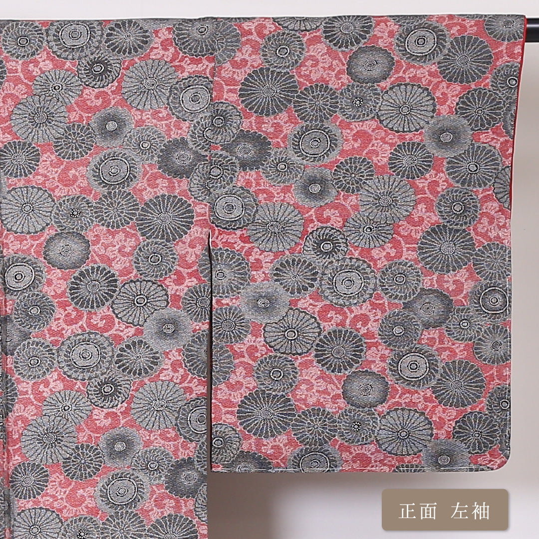 小紋 袷 身丈150cm 裄丈64cm 正絹 Aランク インフォーマル 広衿 Sサイズ 琳派 唐草華文 菊 赤系 RP 1221-01961
