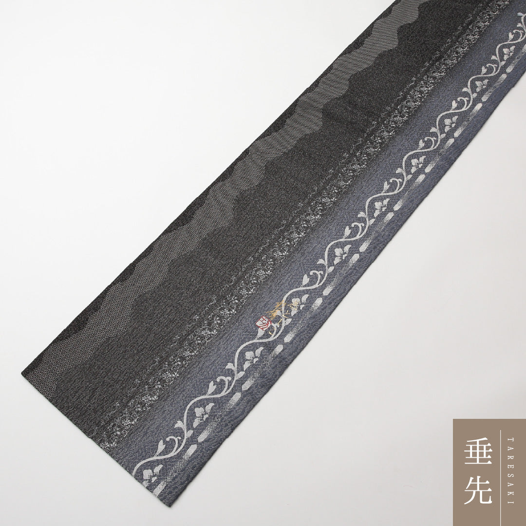 袋帯 帯丈448cm ポイント柄 フォーマル Sランク 正絹 唐華 雪輪 螺鈿 古典的 気品 落款 黒系 1223-01480
