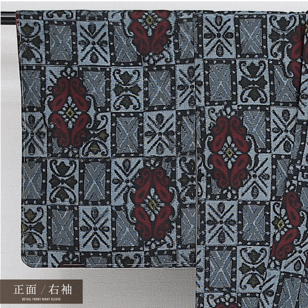 洗える着物 紬 袷 身丈155cm 裄丈63cm ポリエステル Sランク カジュアル バチ衿 Mサイズ アラベスク文様 紺系 RP 1223-14431