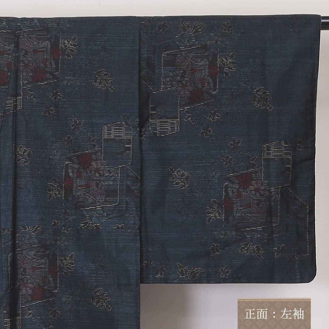 大島紬 袷 身丈157cm 裄丈63cm 正絹 Sランク インフォーマル 広衿 Mサイズ 緯総絣 古典柄 紺系 RP 1223-03368