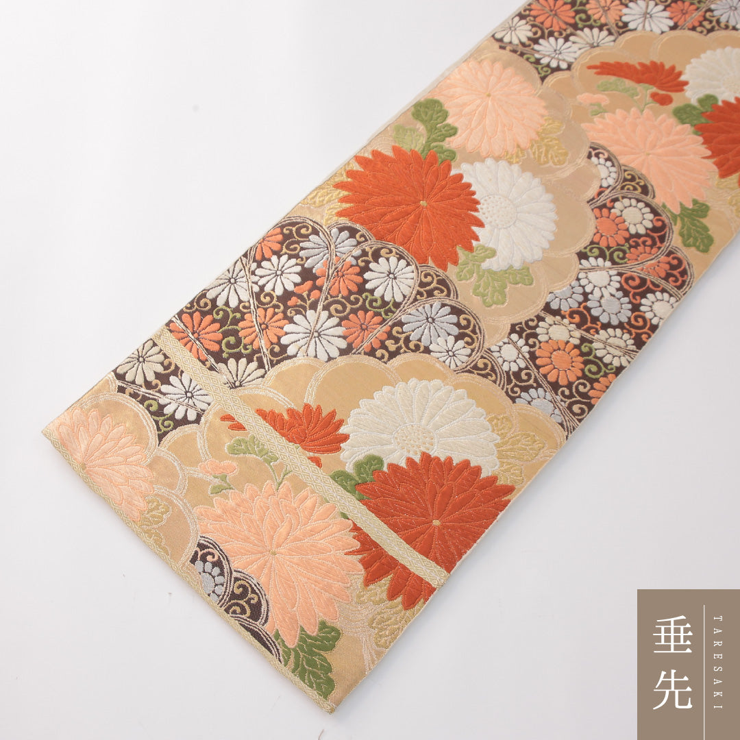 アンティーク 袋帯 帯丈404cm 正絹 六通 花扇 多色系 1243-01454
