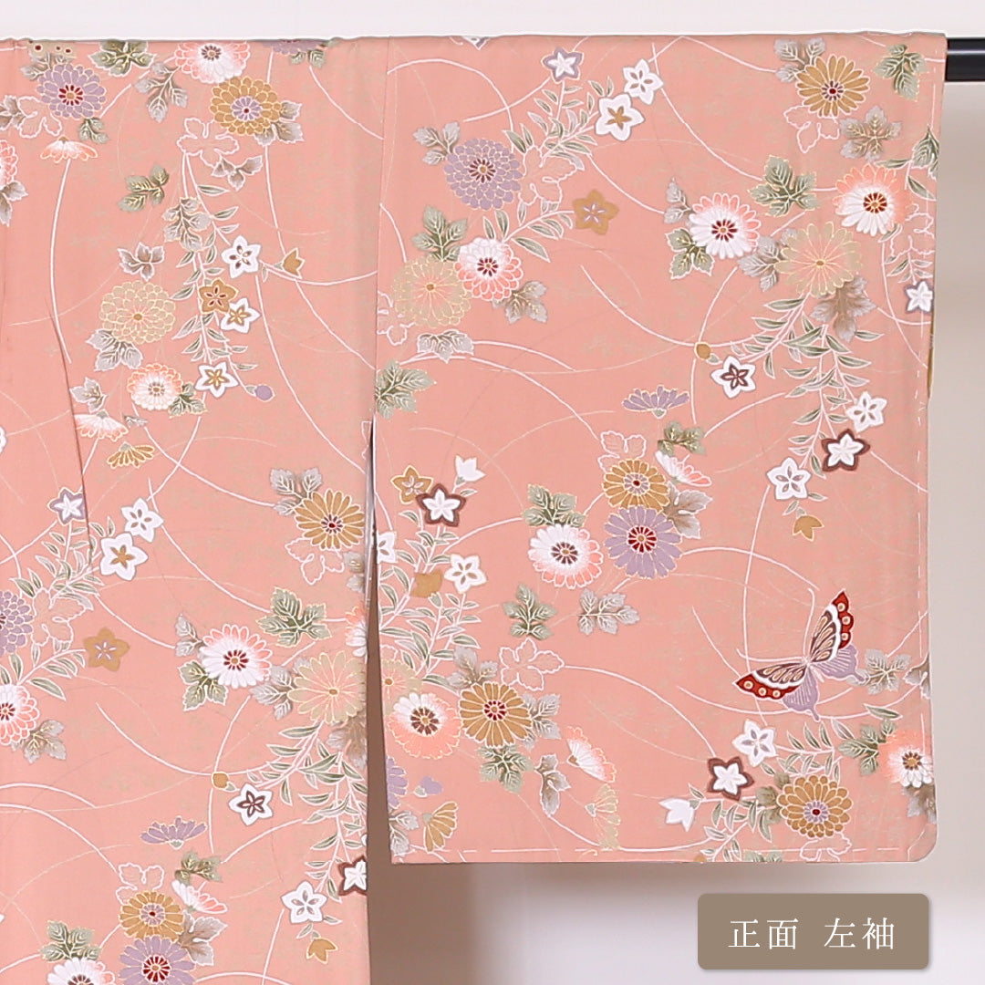 小紋 袷 身丈161cm 裄64cm ピンク系 菊 桔梗や蝶 金彩 正絹 Aランク 1215-01948-3413