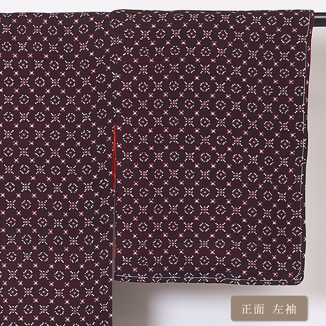アンティーク 小紋 袷 身丈153cm 裄丈65cm 正絹 Aランク バチ衿 Sサイズ 幾何学柄 茶系 RP 1221-01946