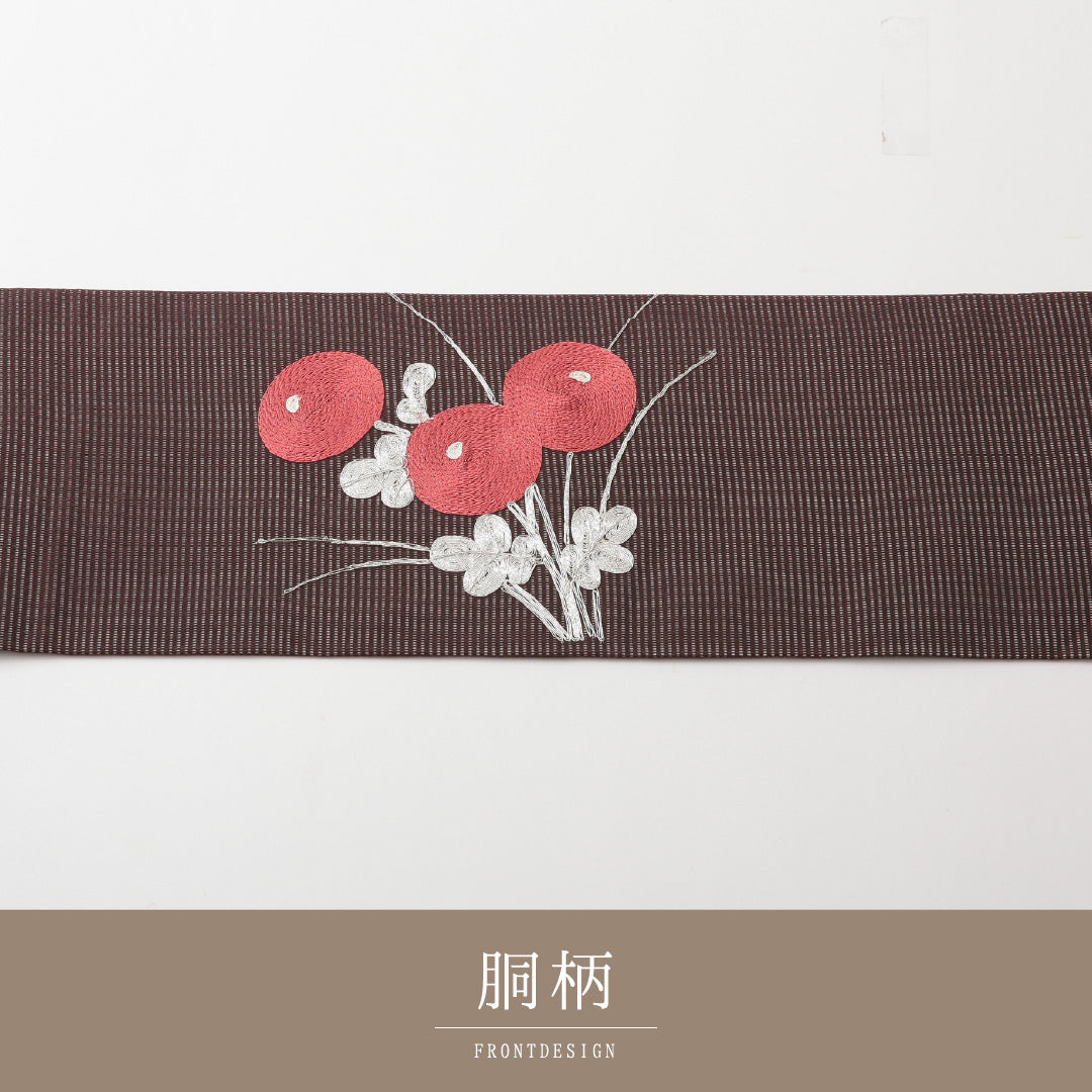 夏物 名古屋帯 ポイント柄 帯丈363cm セミフォーマル Aランク 正絹 絽 金駒刺繍 琳派 橘 茶系 1224-02173