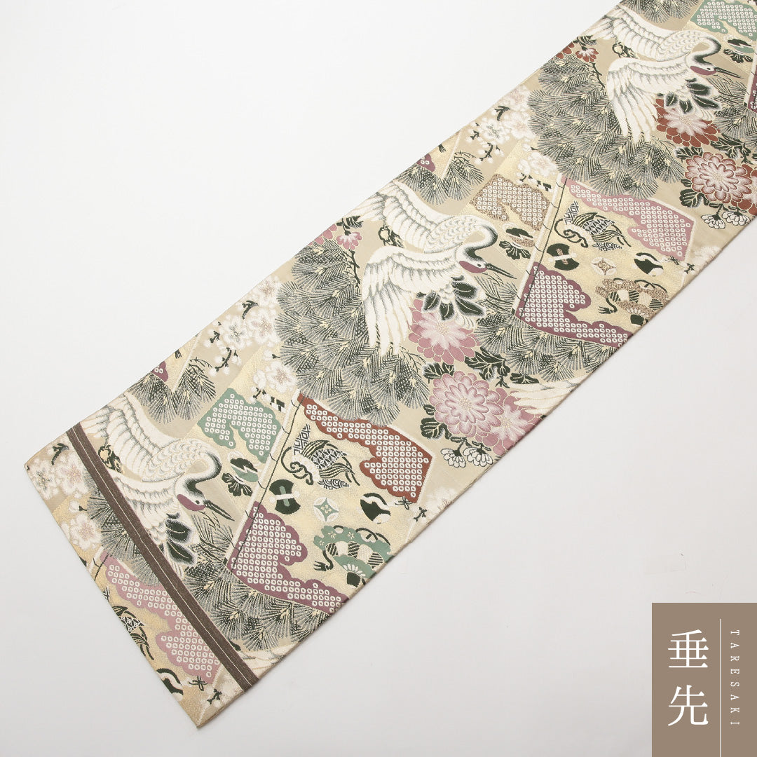 アンティーク 丸帯 帯丈400cm 正絹 全通 松鶴 ベージュ系 1242-01473