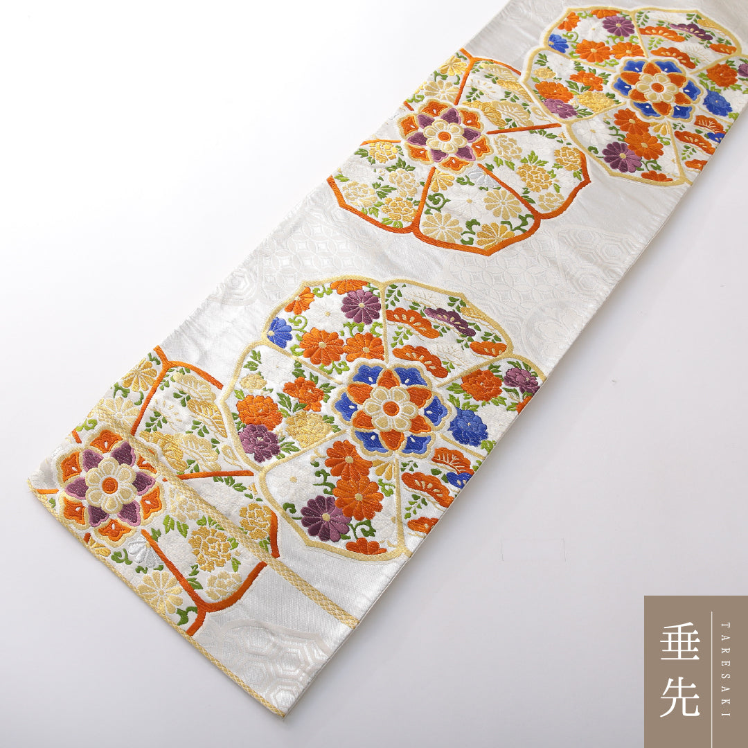 袋帯 帯丈420cm 正絹 六通 フォーマル 唐織 鏡裏文 銀系 1243-02149