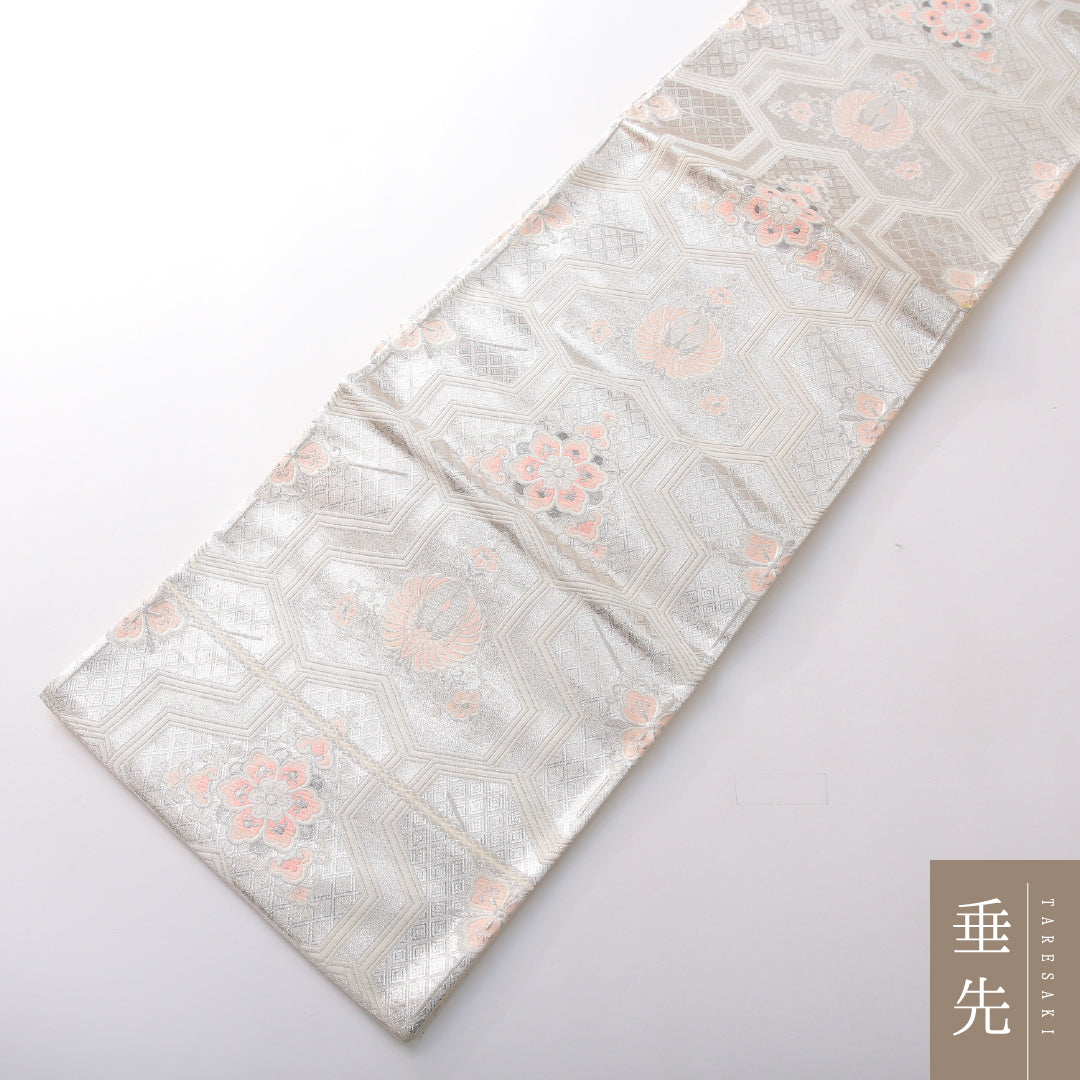 袋帯 帯丈424cm フォーマル 六通 帯芯なし Cランク 正絹 鳳凰 毘沙門亀甲 クリーム系 銀系 1223-02164