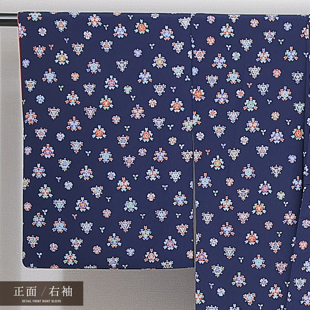 小紋 袷 身丈159cm 裄丈63cm 正絹 Sランク インフォーマル 広衿 Mサイズ 創作柄 紺系 RP 1221-14917