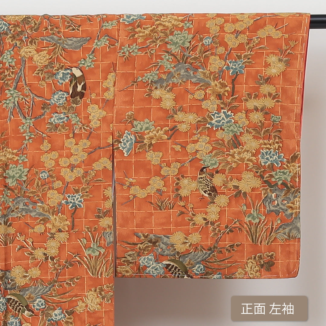 小紋 袷 身丈149cm 裄丈64cm 正絹 Sランク インフォーマル 広衿 XSサイズ しつけ糸 鳥 格子 菊 朱系 RP 1221-01337