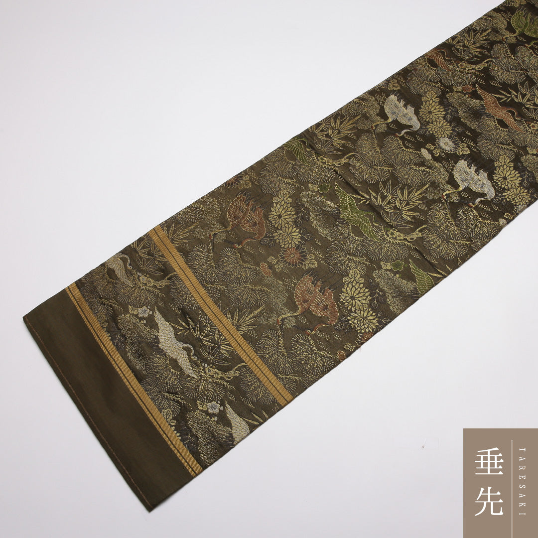 アンティーク 丸帯 帯丈400cm 正絹 全通 琳派 松鶴 緑系 1242-01408