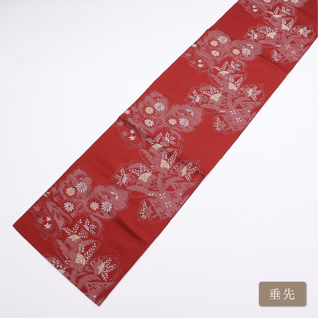 八寸名古屋帯 帯丈336cm 六通 開き仕立て Aランク セミフォーマル 菊 金銀糸 正絹 赤系 1224-01314