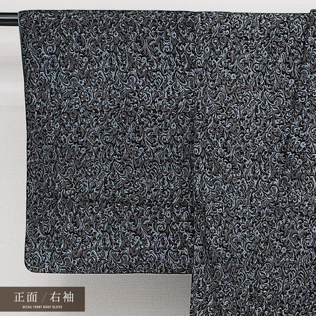 アンティーク お召 袷 身丈144cm 裄丈63cm 正絹 Aランク バチ衿 XSサイズ アラベスク文様 紺系 RP 1222-14451
