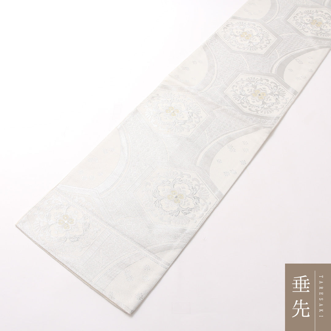 袋帯 帯丈0cm 六通 未仕立て フォーマル Sランク 正絹 花菱亀甲 古典的 気品 銀系 1223-01723