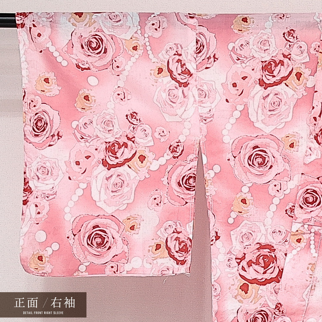 浴衣 夏物 洗える着物 身丈160cm 裄丈62cm Sランク 木綿 バチ衿 Lサイズ カジュアル 薔薇 華やか 軽やか ピンク系 1218-14186