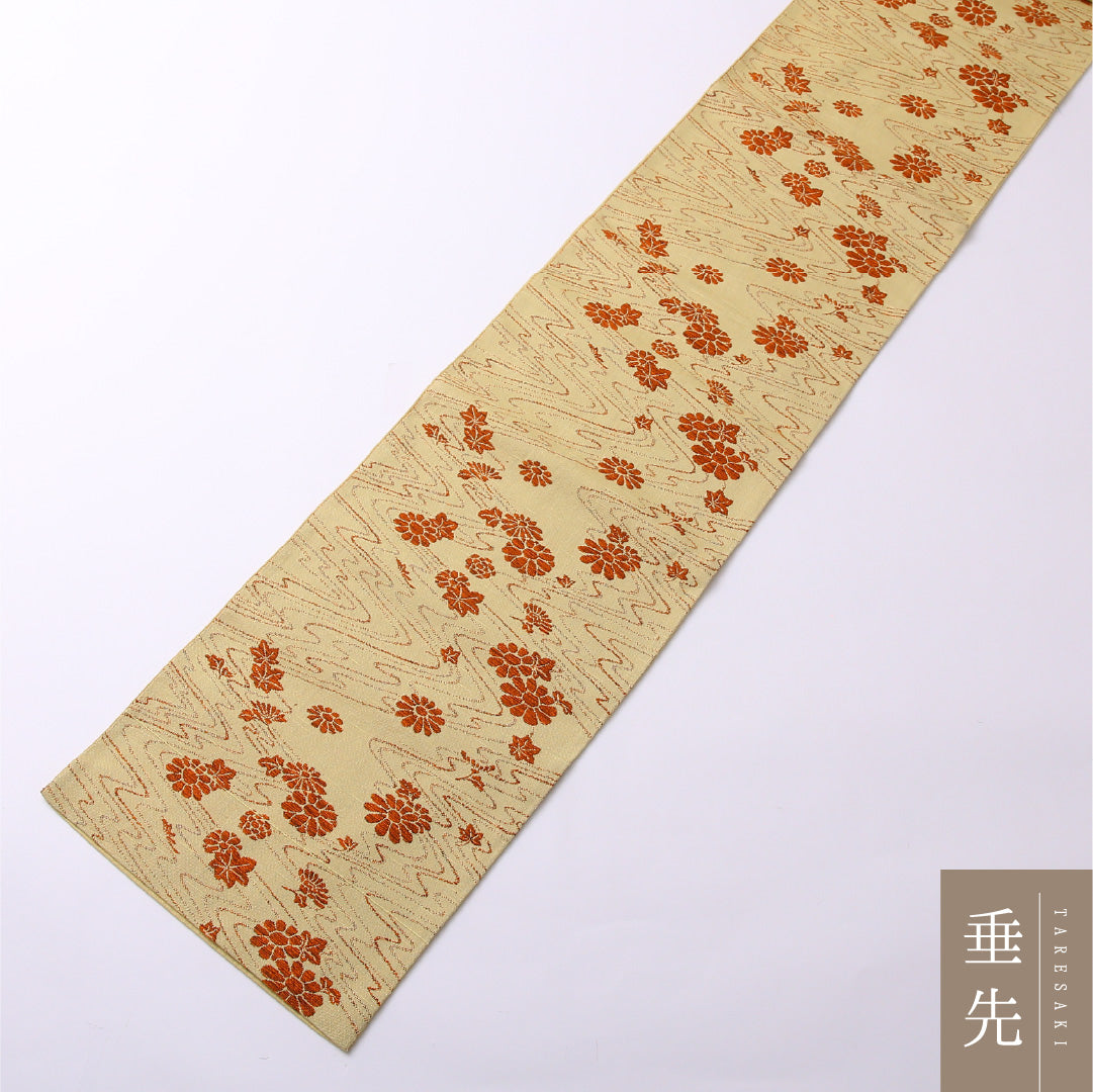 九寸名古屋帯 Aランク 帯丈360cm 正絹 全通 開き仕立て 織り カジュアル 紬 龍田川 ベージュ系 LP 1245-02574