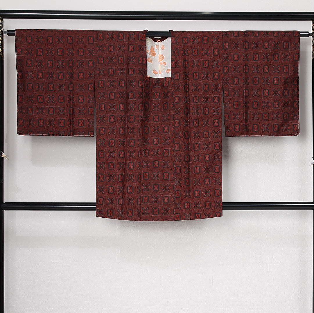 道行コート (大島紬) 袷 身丈83cm 裄丈65cm 正絹 Sランク インフォーマル Mサイズ 幾何学柄 茶系 RP 1237-12587