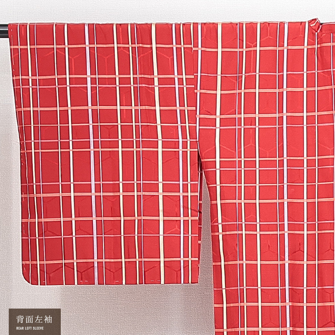 道行コート 袷 身丈128cm 裄丈62cm 正絹 Sランク セミフォーマル Sサイズ ポケットあり 格子 赤系 RP 1237-14838