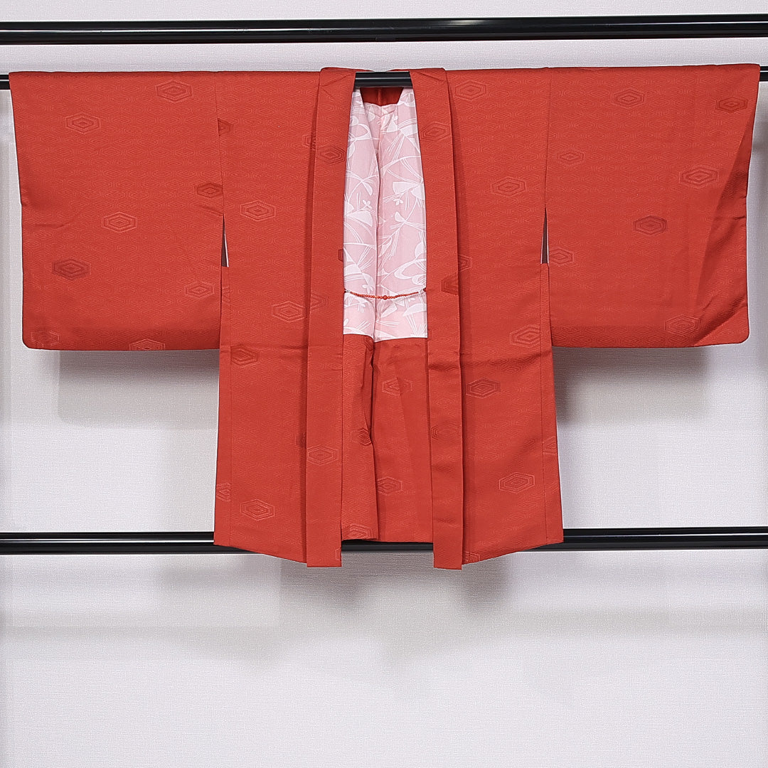 羽織 袷 身丈80cm 裄丈67cm 正絹 Sランク カジュアル Mサイズ 紐あり 亀甲 赤系 RP 1232-11101